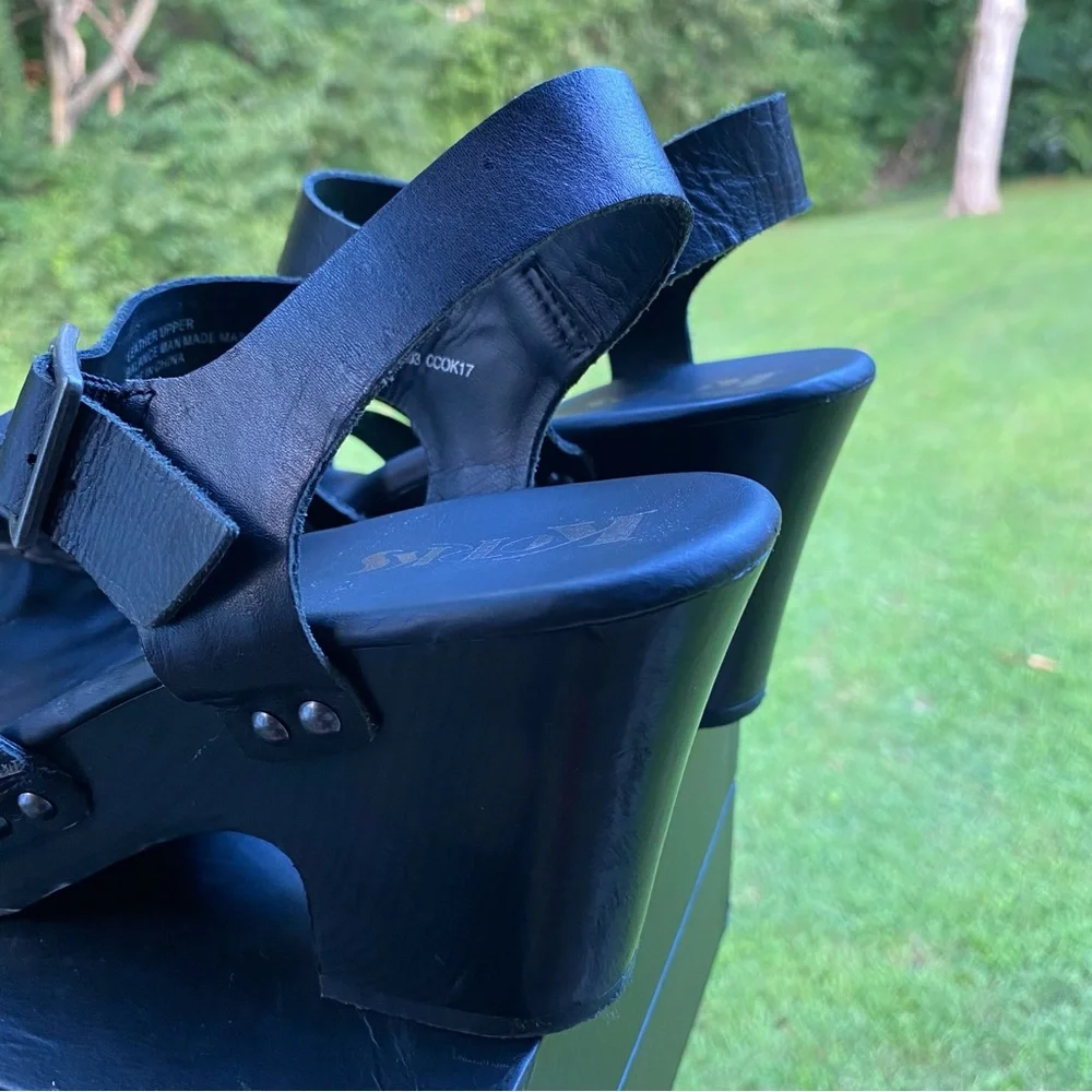 ✅ Korks Wooden Platform Wedge Heels‎ Black Leather Strappy Womens size 10